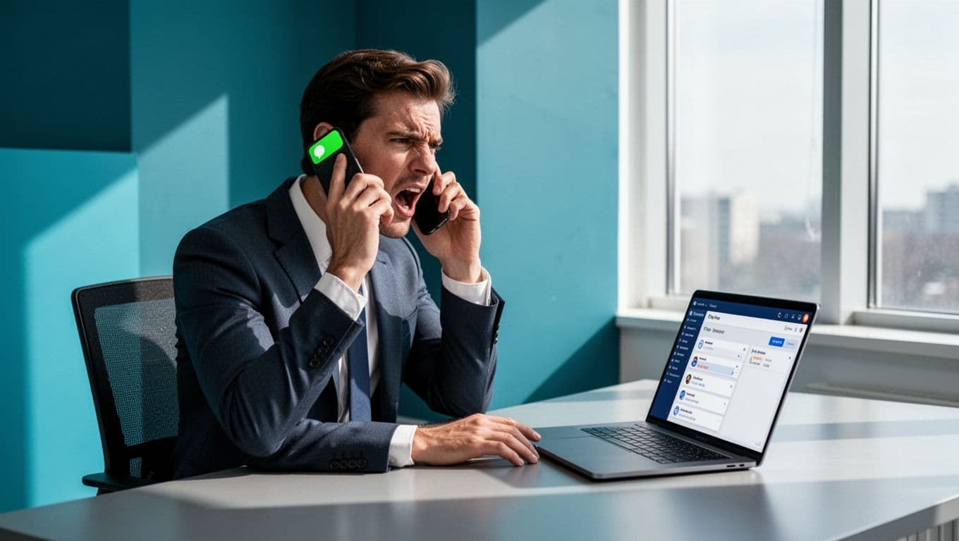 Sales rep at modern office desk holds phone with alert icon, focused expression, laptop open to angled CRM screen.