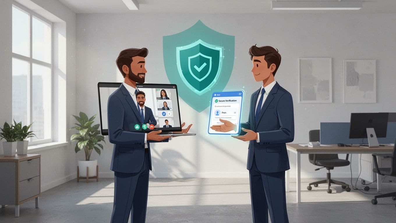 Two sales reps in office setting: one on video call as buyer, other checks identity with secure tool highlighting badge and lock.