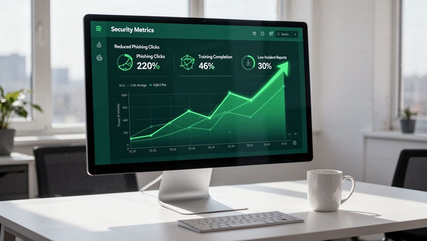 Clean computer dashboard displaying positive security metrics for sales team including reduced phishing clicks, high training completion, low incidents, viewed from office desk with coffee mug.