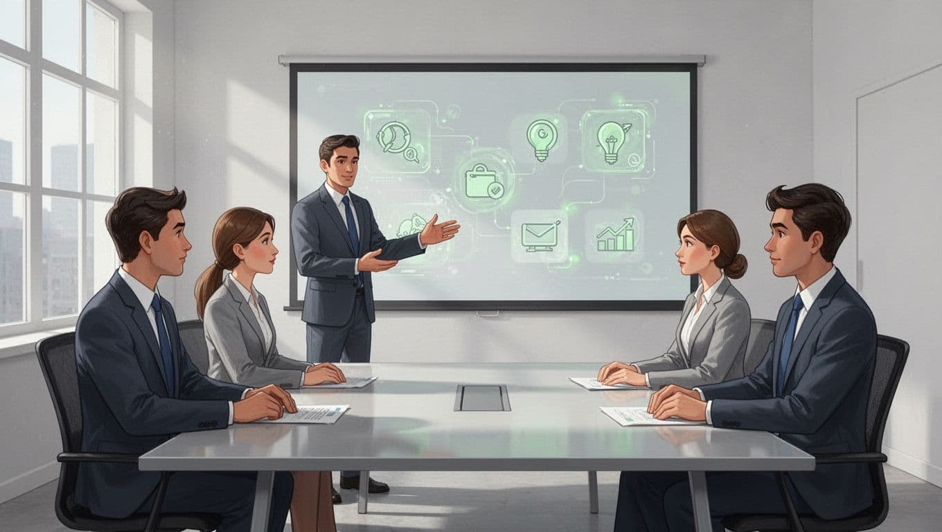 Modern illustration of three sales reps and a trainer in a conference room training session, with the trainer pointing to a screen showing an abstract response flowchart using green accents.