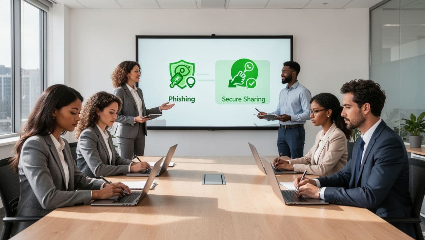 Group of four diverse sales professionals—two women and two men of varying ages—in a bright conference room participating in a cybersecurity training session, with a trainer pointing to a screen showing phishing and secure sharing icons while others take notes on laptops.