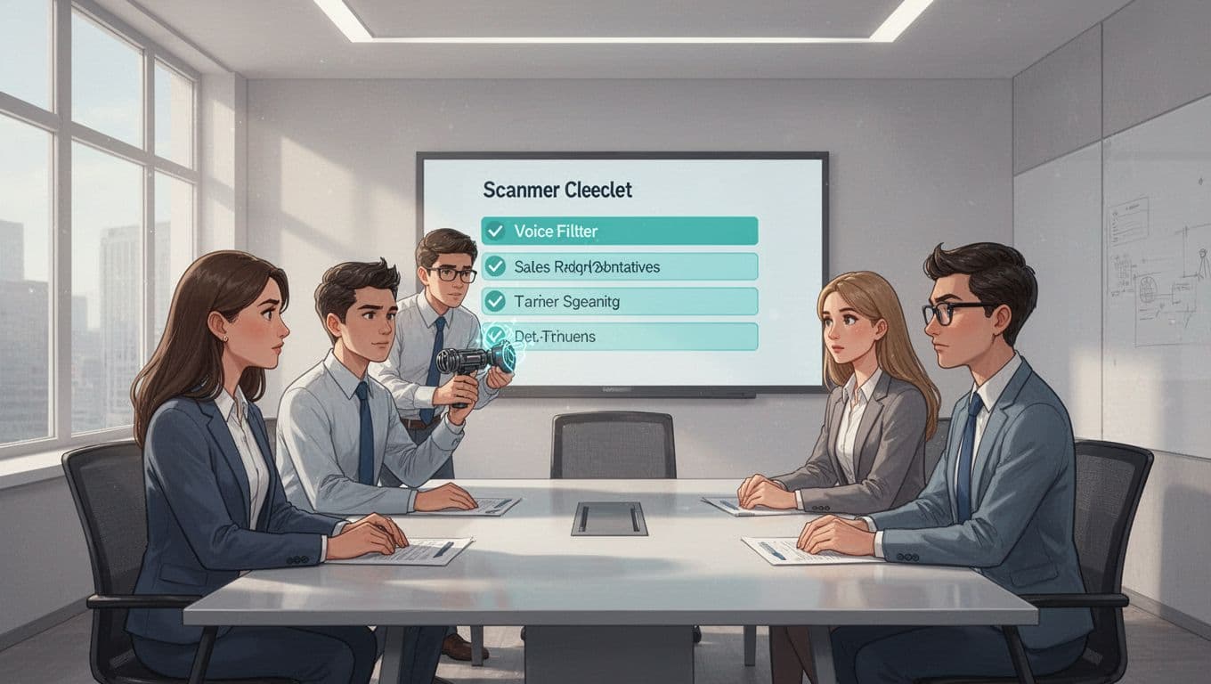 Four-person sales team in conference room: one rep acts as scammer with voice filter prop, others review checklist on shared screen.