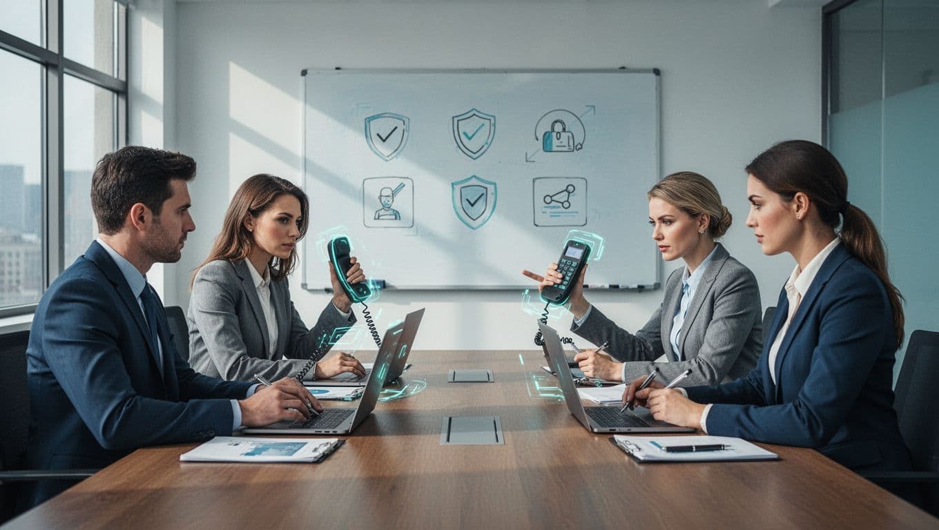 Four professionals in conference room; two role-play attacker and victim with phone and laptop props at table, others observe taking notes, whiteboard icons behind.