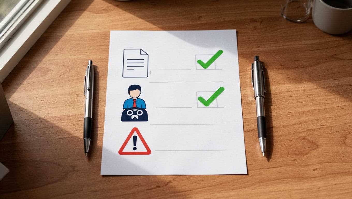 Illustrated checklist on wooden desk with pen beside it, green checkmarks and icons for policy, role-play, and legal warning.