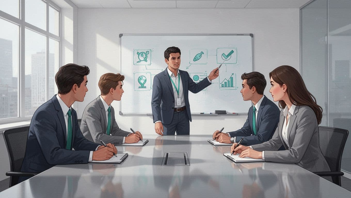 Trainer points to policy and risk icons on whiteboard as five engaged sales reps sit around table with notebooks.