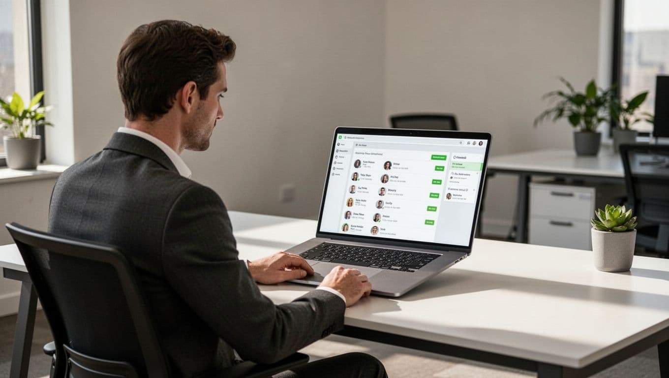 Professional views laptop on desk displaying Salesforce dashboard with highlighted admin user profiles.
