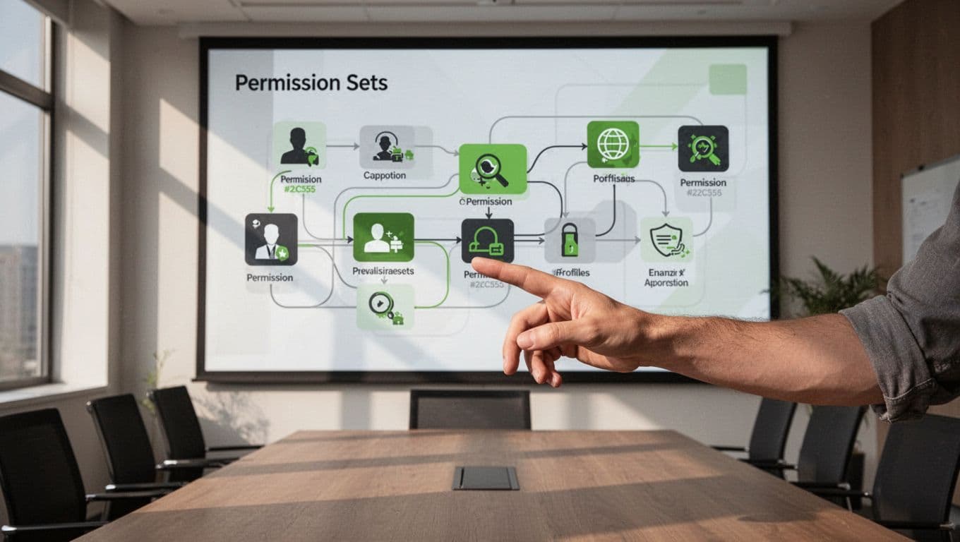 Flowchart of profiles and permission sets icons on a digital board, with one hand pointing in a conference room.