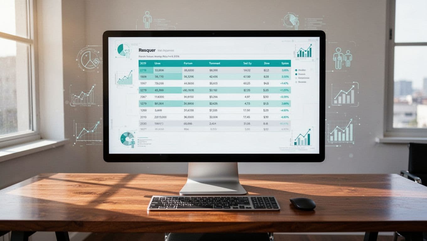 Modern illustration of a sleek computer screen on a wooden office desk displaying a risk assessment table with columns Risk Category, Likelihood, Impact, Score, Owner, featuring examples like payroll errors and access control, surrounded by subtle finance charts and HR icons in natural daylight with #22C55E accents.
