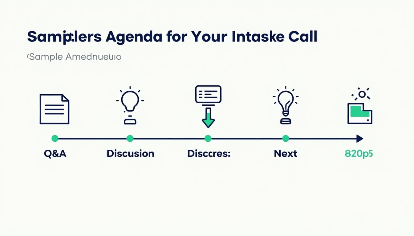 Modern illustration of a sample agenda timeline for a job intake call on a shared screen, featuring icons for preparation, discussion, Q&A, and next steps with clean lines and #22C55E accent color on arrows and highlights. Simple composition with no people, readable text, or extra elements.