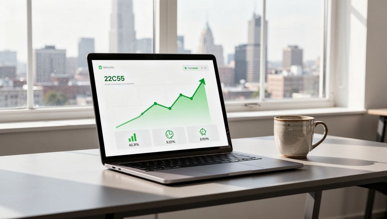 Modern illustration featuring a laptop on a desk displaying a simple performance metrics dashboard with green upward trends and icons, accompanied by a coffee mug and office window view.