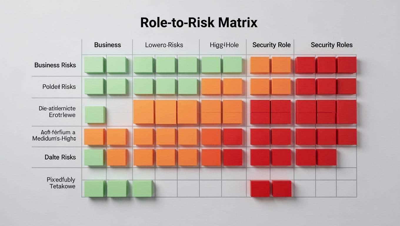Modern illustration of a matrix grid mapping business risks like financial loss, regulatory fines, and data exposure against security roles such as privileged admin, standard user, and auditor, with cells color-coded green for low, orange for medium, and red for high risk levels.