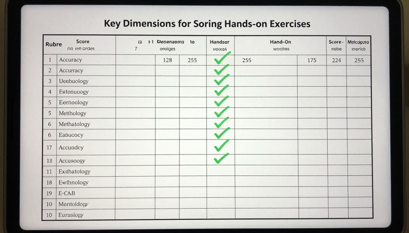 Modern illustration of a rubric scoring sheet with checkmarks and scores in categories like accuracy and methodology, placed on paper next to a laptop, using clean shapes and a controlled palette with green checkmarks.