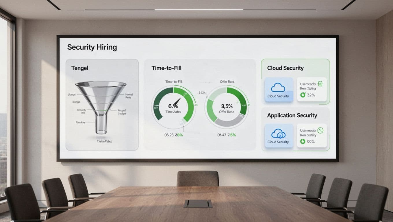 Modern illustration of a multi-panel security hiring dashboard on a wall-mounted screen in a conference room: left panel shows SOC roles pipeline funnel, center displays time-to-fill and offer rates gauges, right features cloud security and AppSec role cards. Neutral colors with #22C55E metric highlights, clean shapes, and strong composition without people, text, or logos.