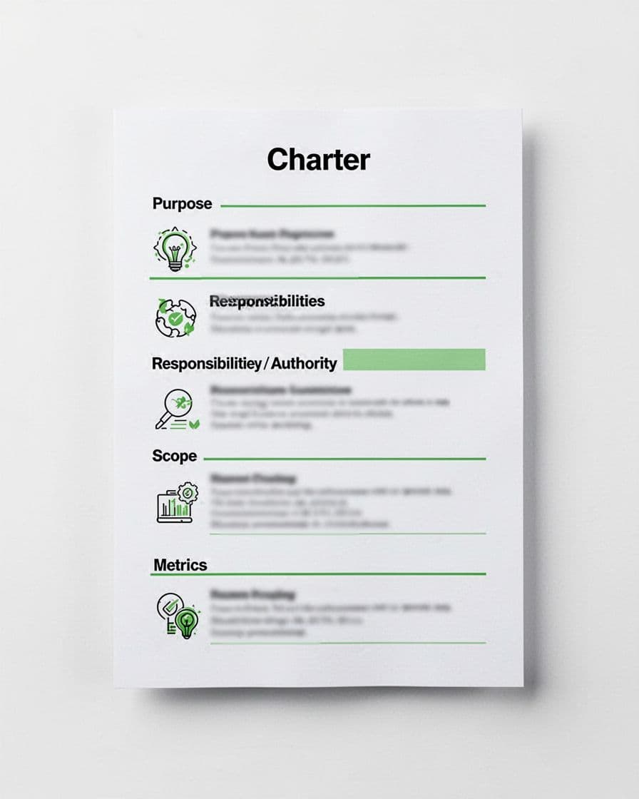 Modern illustration featuring a clean, structured outline of a charter document template divided into sections like purpose, responsibilities, authority, scope, and metrics, with green accents on a professional background.