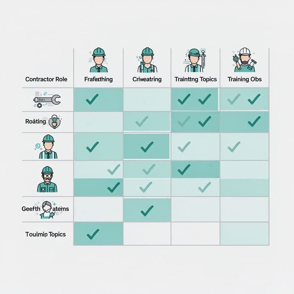 Modern flat design illustration of a matrix grid with contractor roles like Developer, IT Admin, and Consultant on rows, and training topics such as Phishing Awareness, Data Handling, and Access Offboarding on columns, featuring checkmarks and simple icons.