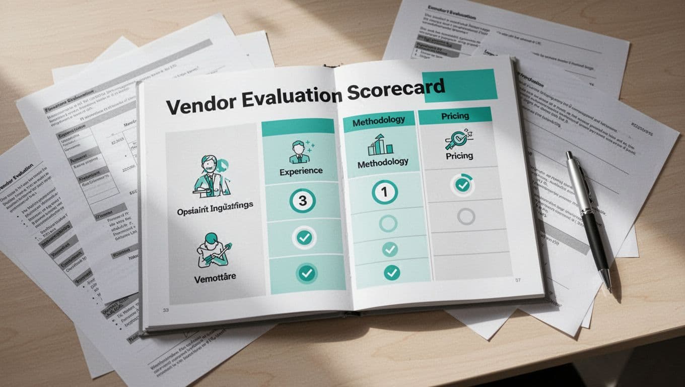 Clean top-down illustration of a vendor evaluation scorecard on a desk, displaying criteria like experience, methodology, and pricing with sample scores, alongside papers and a pen. Modern style featuring clean shapes, #22C55E highlights, soft lighting, and simple icons without readable text, people, or watermarks.