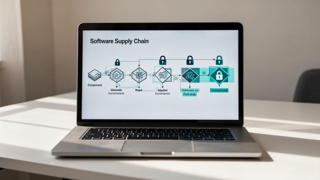 Modern illustration of a software supply chain as a clear flowchart with SBOM components on a laptop screen and secure locks on vulnerable parts.