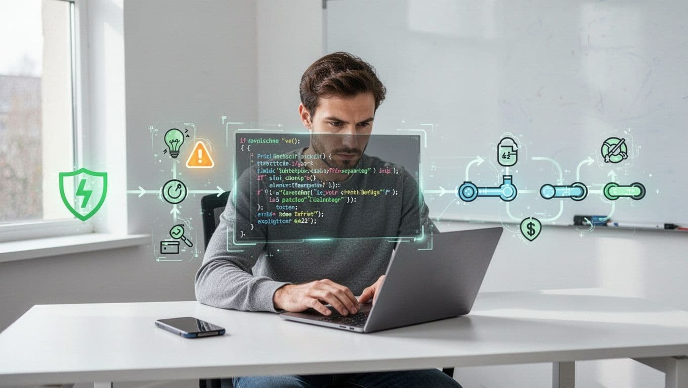 Modern illustration in clean shapes and controlled colors with green accents, showing the sequential process of generating and using an SBOM: developer coding, component scanning, vulnerability fixing, and secure deployment.