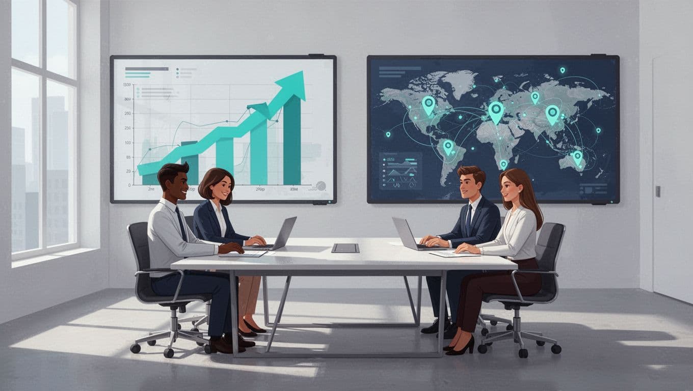 Modern illustration depicting two business teams at a conference table analyzing growth charts and world maps on screens, with one team visually expanding to illustrate partnership growth across volume and geography. Clean shapes, controlled colors, green accents on upward arrows, natural lighting, landscape orientation.