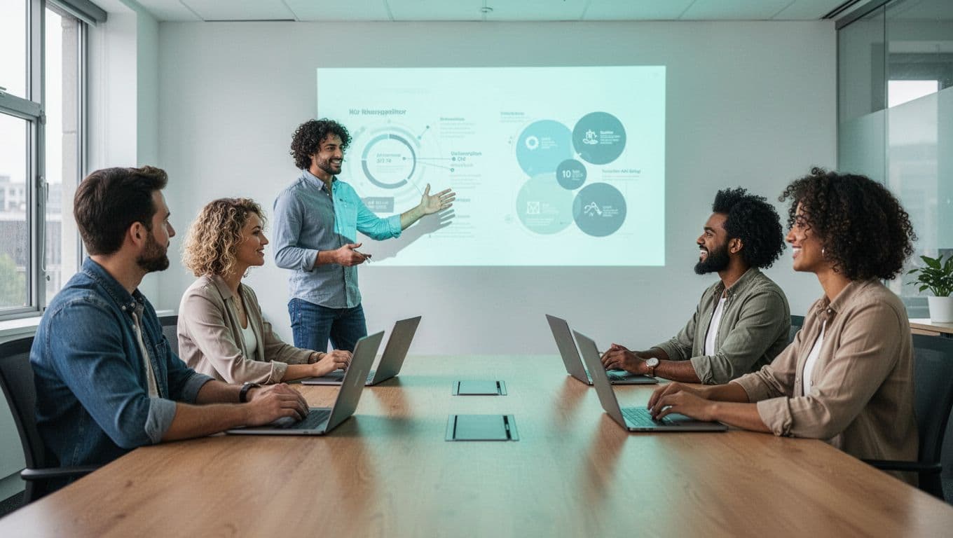 Four diverse marketing professionals in conference room discuss scam example projected on wall screen, one pointing, laptops on table.