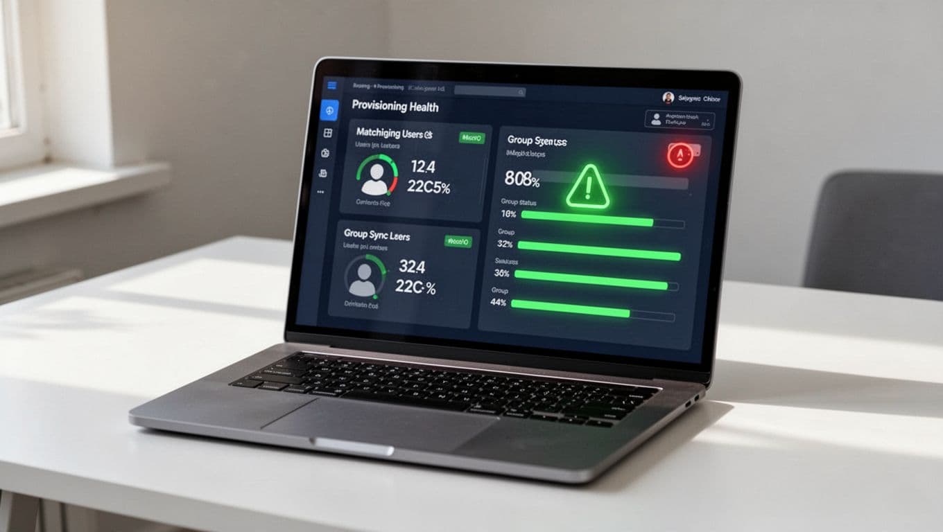 Angled laptop on desk displays dashboard with user counts, green sync status, and one mismatch alert.