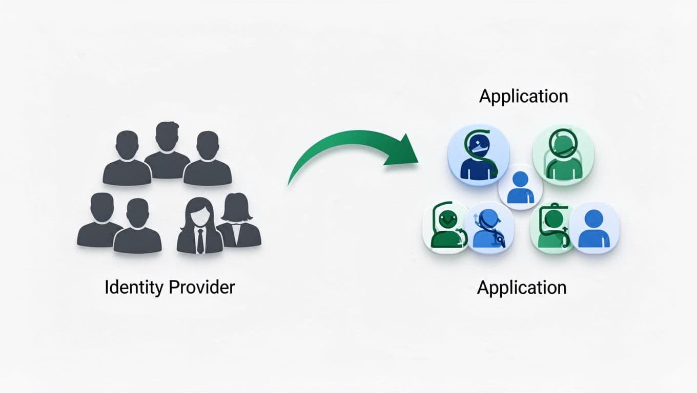 Two-panel diagram: left shows identity provider with user groups, right shows app with matching roles, connected by green sync arrow.