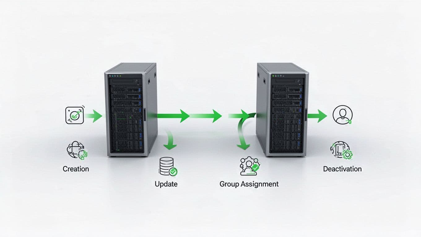 Icons for user creation, update, group assignment, and deactivation flow from identity provider server to service provider server via green-accented arrows on white background.