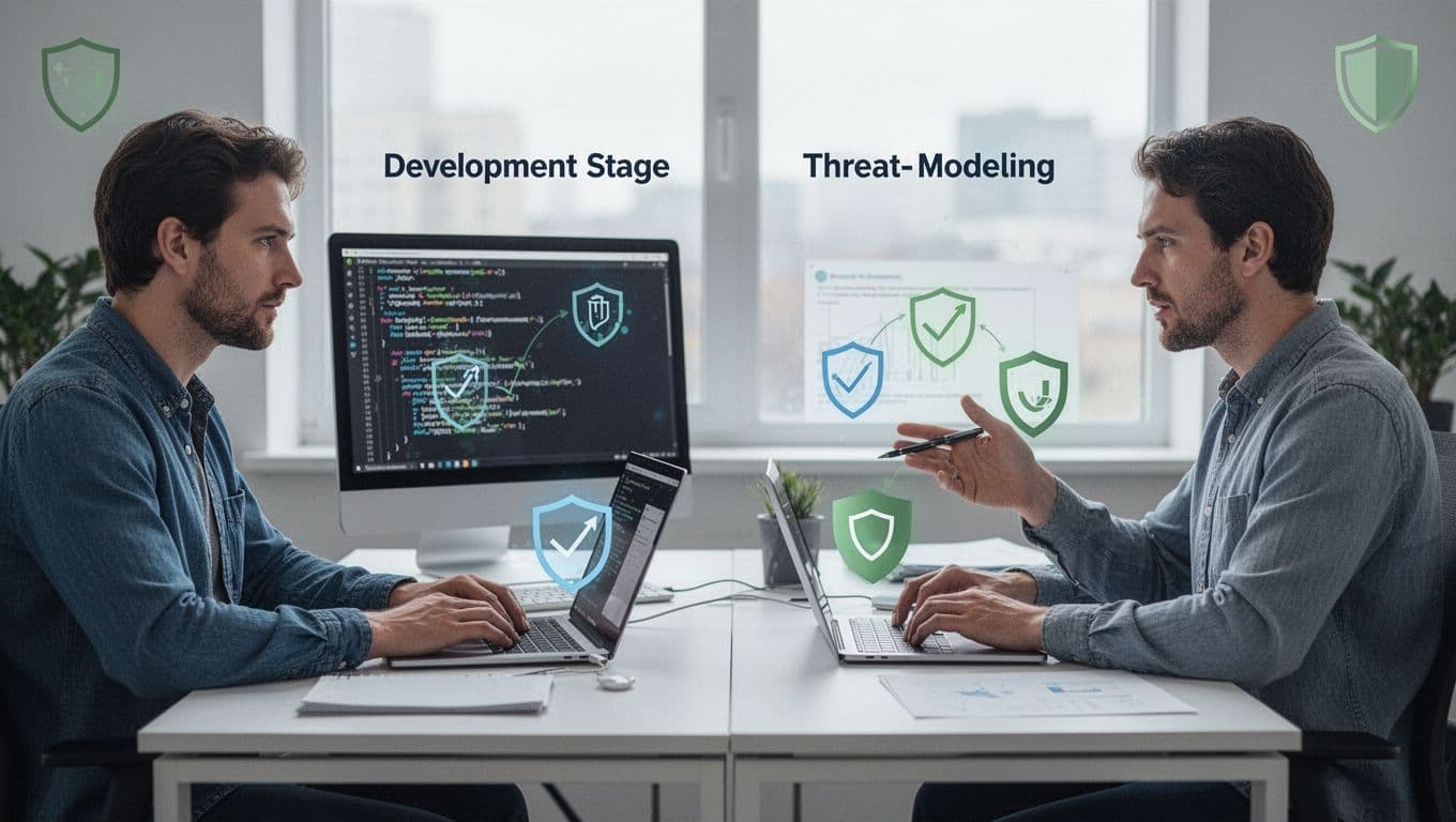 Modern illustration of two developers collaborating on code review and threat modeling, with SDLC stages like build and deploy featuring green shield security icons.