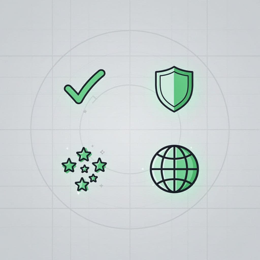 Modern illustration of icons for search firm evaluation criteria: checkmark for success rate, shield for specialization, stars for reviews, globe for reach, arranged in a balanced circular composition on subtle grid background with clean shapes and green accents.