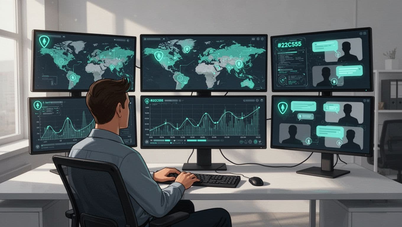Modern illustration of a security operations lead at a desk with multiple screens showing global threat maps, incident timelines, and chat windows for distributed team coordination.