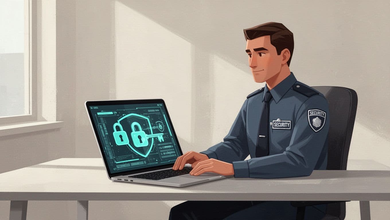 Security manager at desk reviews angled laptop screen showing access control dashboard with keys and locks icons.