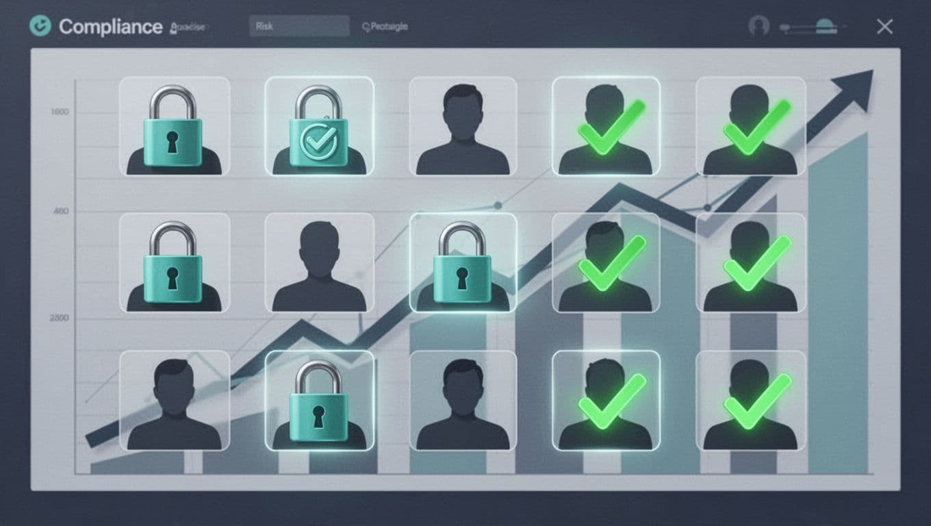 Secure lock icons overlay disabled account profiles in a directory listing, contrasted with active green-checked accounts on a compliance dashboard background featuring risk reduction charts. Modern illustration with clean shapes and subtle glow lighting.