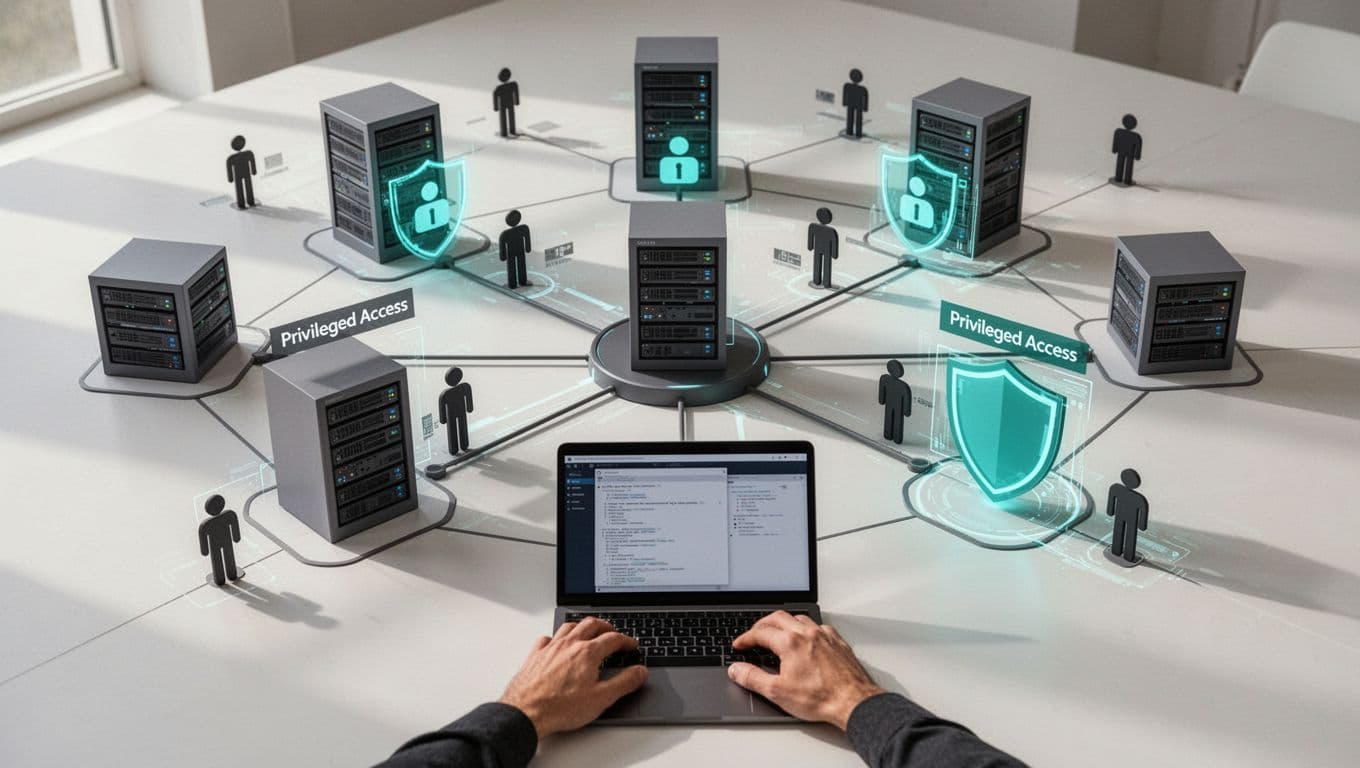 Modern illustration of a secure Active Directory network showing servers, users, and protective shields around privileged access points with a central hub and foreground laptop.