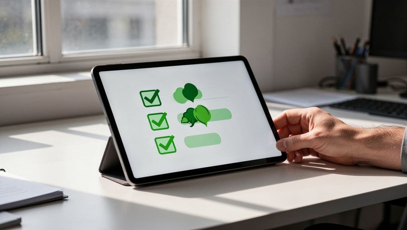 Modern illustration of a checklist on a digital tablet with icons for policy, rules, training, controls, and secure AI in green (#22C55E), office background, clean shapes, one hand resting nearby, no people visible.