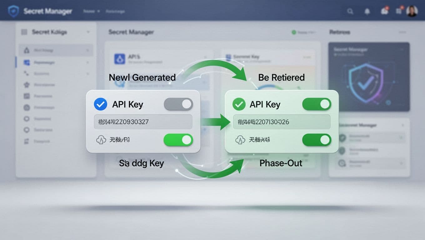 Modern illustration depicting a secure API key rotation workflow: new key generated, old key phased out, brief dual key activity, secret manager dashboard background, flowchart with arrows, clean shapes, green success indicators.