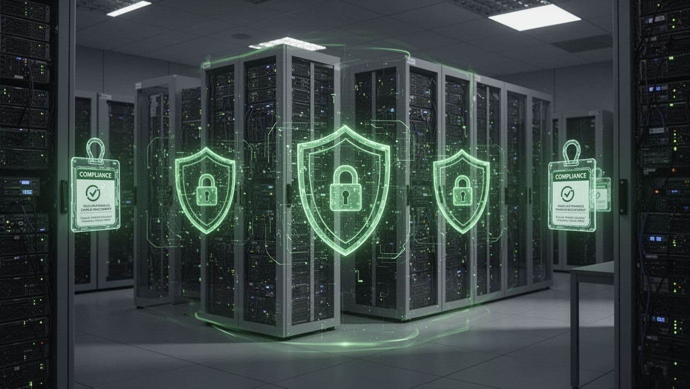 Modern illustration of a high-security bank data center with servers protected by glowing digital shields and locks in green accents, featuring floating holographic compliance badges, clean shapes, controlled colors, strong composition, and dim dramatic lighting.