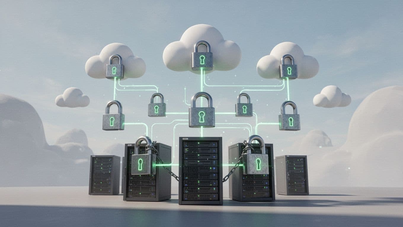 Modern illustration in clean shapes and controlled colors of a secure cloud infrastructure: floating cloud icons connected by encrypted green lines, padlocks on data servers below, subtle green accent highlights on locks and links.