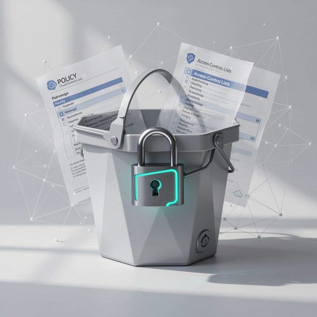 Close-up of a cloud storage bucket icon locked with a padlock, surrounded by fading policy documents and access lists.