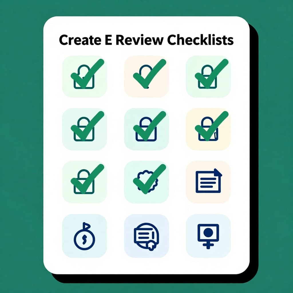 Digital notepad checklist with seven green-ticked security icons floating in clean workspace.