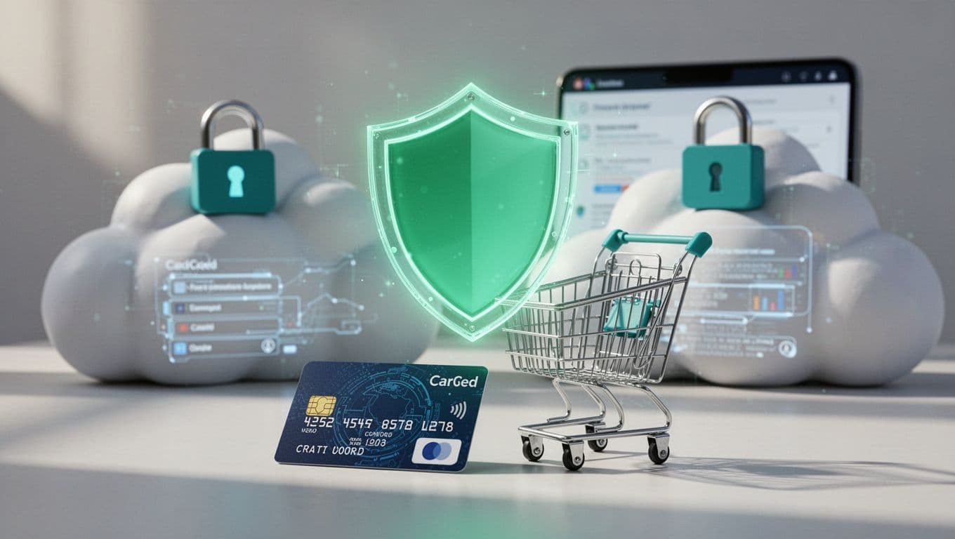 Modern illustration of a secure ecommerce checkout process with a glowing green shield protecting credit card and shopping cart icons, locks on cloud servers, emphasizing PCI DSS compliance and fraud prevention.