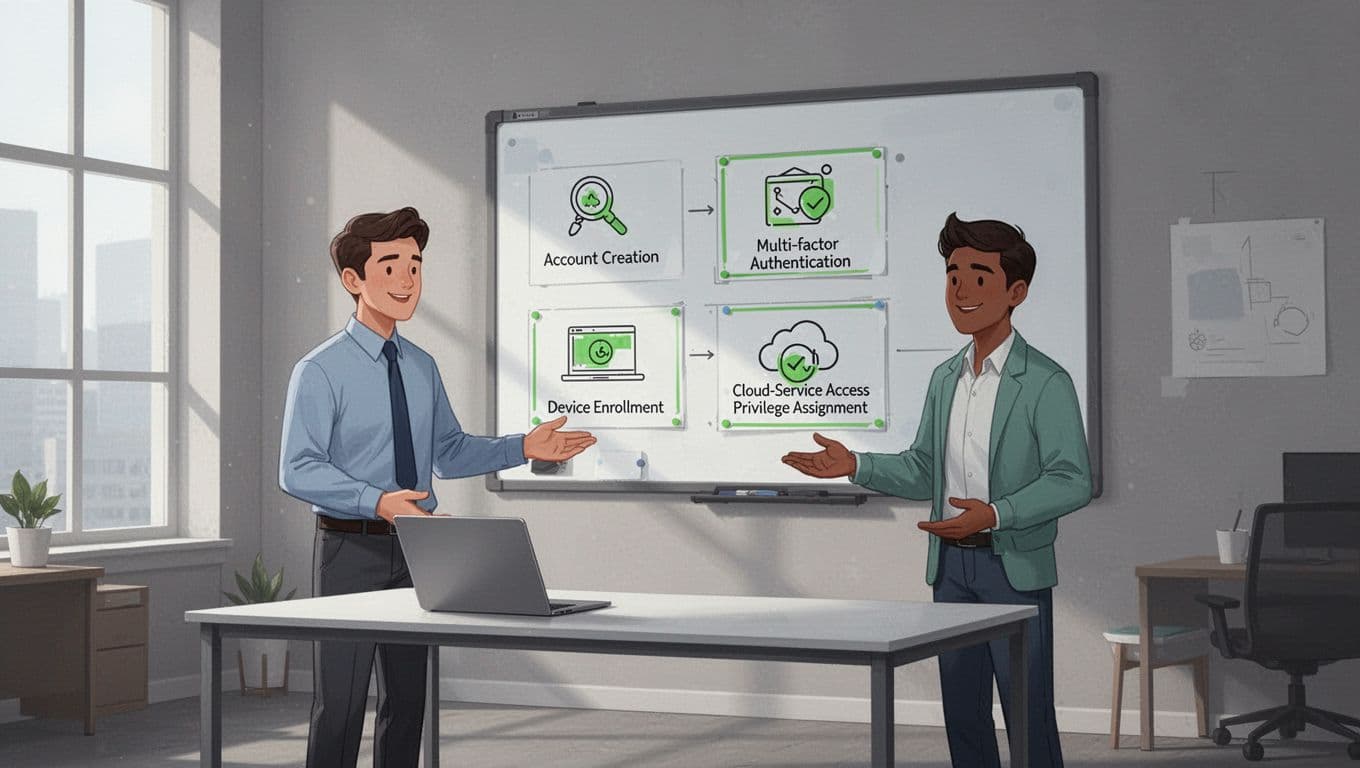 Modern illustration of a security checklist board for employee joiner onboarding, featuring icons for new account creation, MFA setup, device enrollment, SaaS access provisioning, and least privilege assignment. Depicts one IT admin and one new employee at a desk with laptop in an office setting.