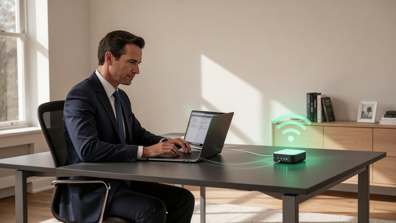 Modern illustration of an executive at a desk in a secure home office using a laptop connected to a fortified glowing WiFi router, featuring clean shapes, controlled colors, and strong composition with natural lighting.