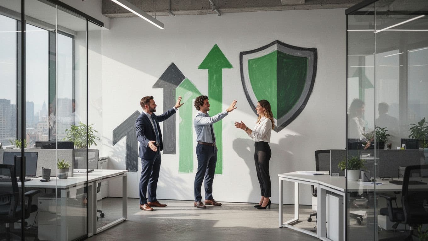 Modern office with three collaborating employees, green growth charts on walls, integrated security icons like locks and shields.