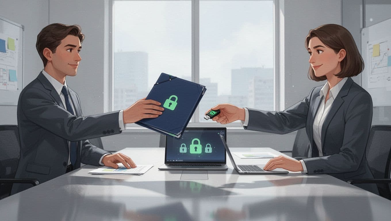 Two professionals in a modern office exchanging a secure folder and USB drive across a conference table, with a laptop showing access icons, in clean illustration style with cool tones and green accents.