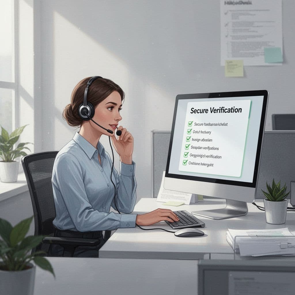 Modern illustration of a help desk agent at a desk wearing a headset, talking on the phone with a secure verification checklist on the screen in an office setting.