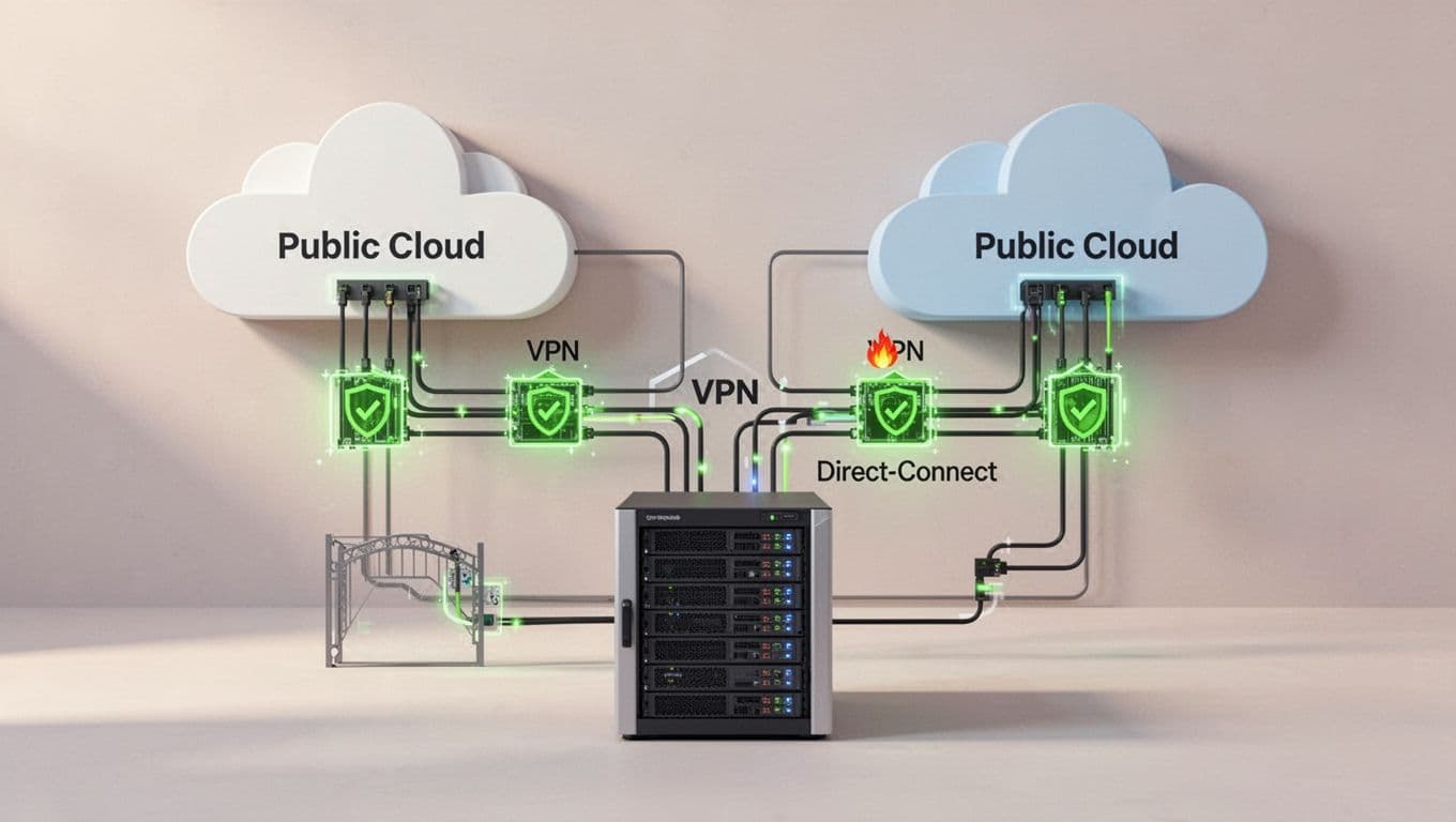 On-premises data center rack connects via VPN to AWS and Azure cloud icons, with green-highlighted firewalls and security gates.