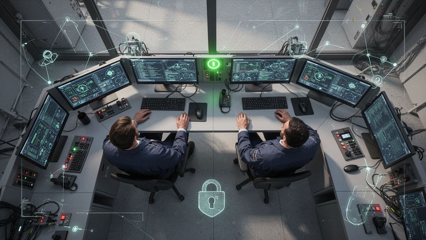 Overhead view of a modern industrial control room featuring SCADA monitors, HMIs, networked devices, and layered security defenses with green anomaly detection alerts; two operators collaborate in the background under natural lighting.