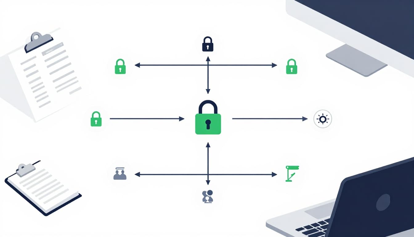 Modern illustration depicting a secure internal wiki audit process with a flowchart featuring locks on pages, permission checks, and monitoring icons, alongside a desk with charts, checklist, one clipboard, and one laptop in a clean, controlled color palette with green accents.