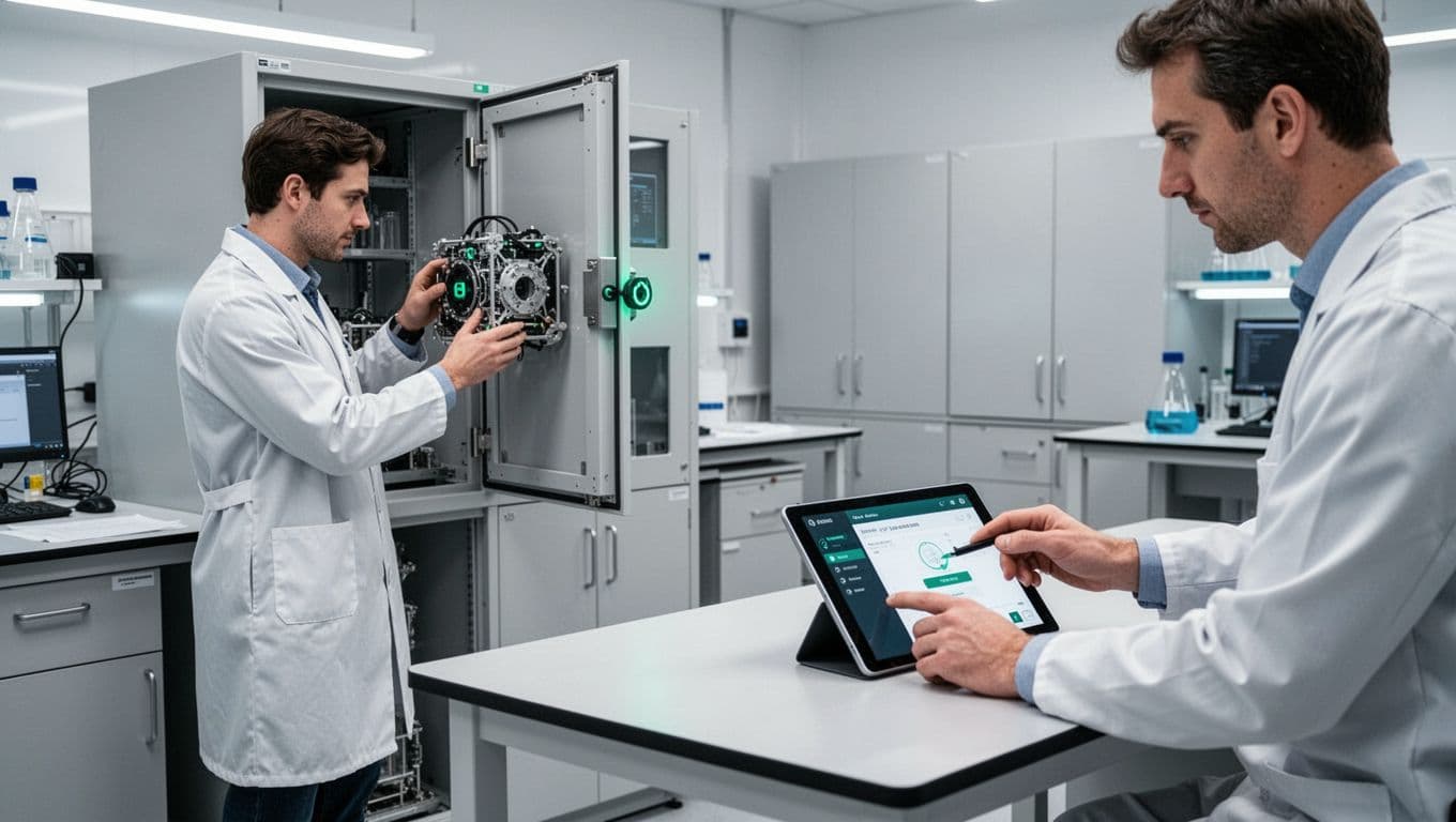 Two R&D engineers in modern secure lab: one stores prototype in green-locked cabinet, other logs on tablet.