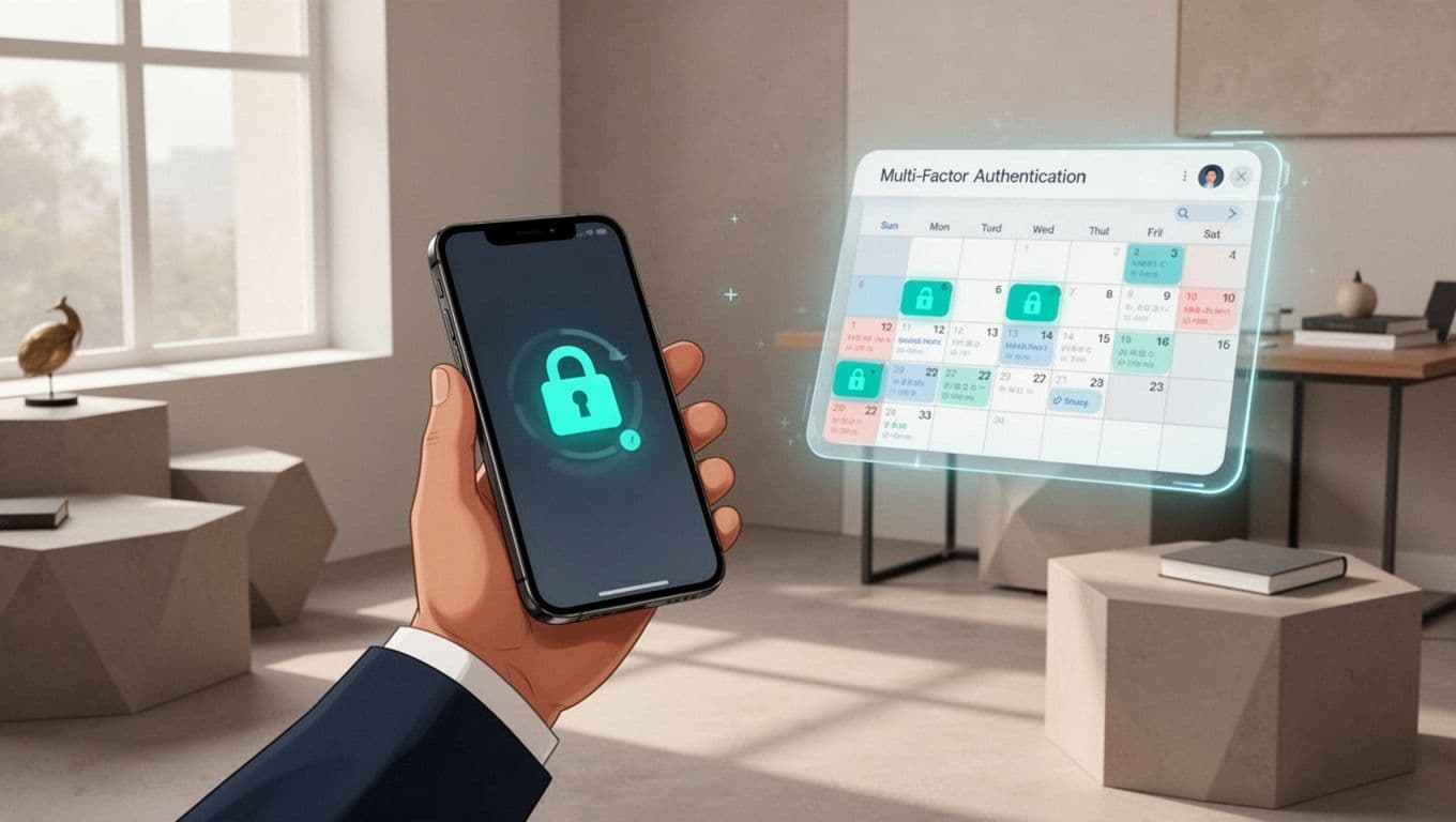 Modern illustration of a secure setup featuring a locked phone with MFA enabled and a securely shared calendar in an executive assistant workspace, using clean shapes, controlled colors with #22C55E lock icons, strong composition, exactly one person, no text or logos.